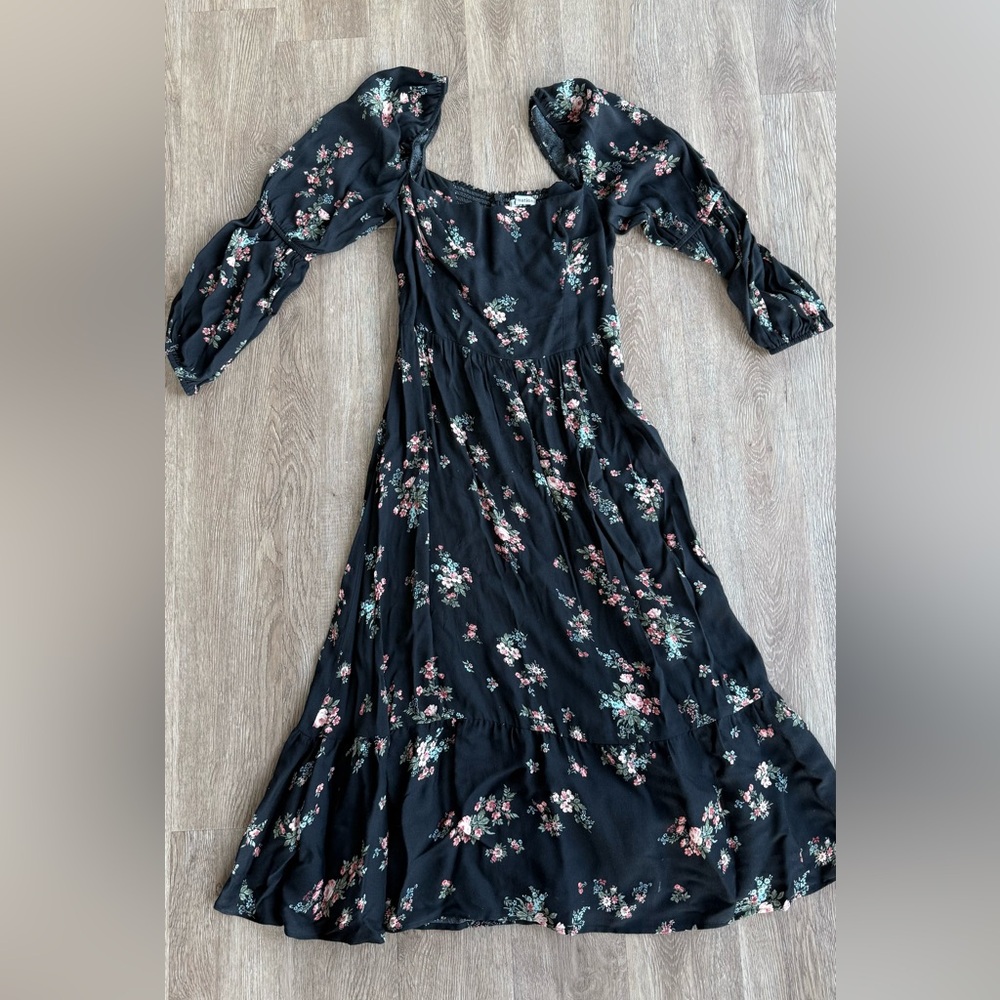 Reformation Black Floral Long Sleeve Dress